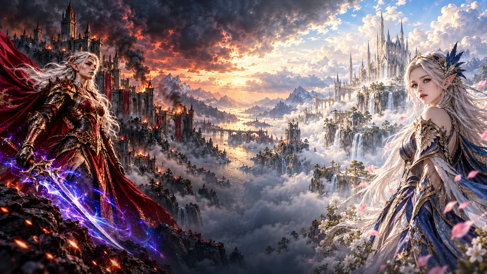 Dark and light female elves facing inward before contrasting castles
